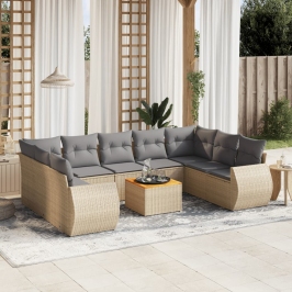 Juego de sofás jardín con cojines beige 10 pzas ratán sintético