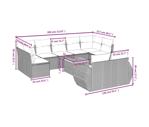 Set de sofás de jardín 10 pzas con cojines ratán sintético gris