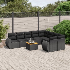 Set de sofás de jardín 10 pzas cojines ratán sintético negro