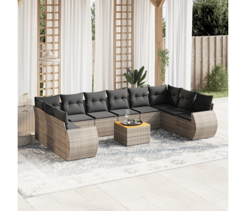 Set de sofás de jardín 11 pzas y cojines ratán sintético gris