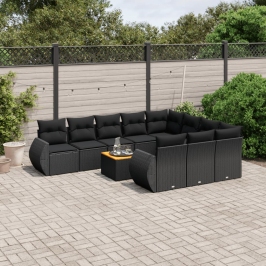 Set de sofás de jardín 11 pzas y cojines ratán sintético negro