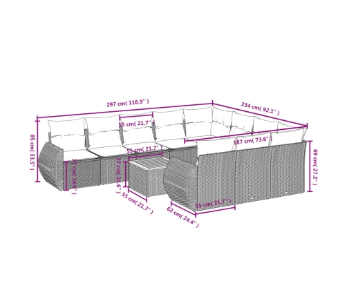 Set de sofás de jardín 11pzas con cojines ratán sintético beige