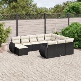 Set de sofás de jardín 11 pzas y cojines ratán sintético negro
