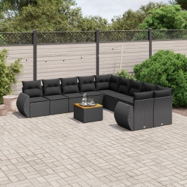 Set de sofás de jardín 11 pzas y cojines ratán sintético negro