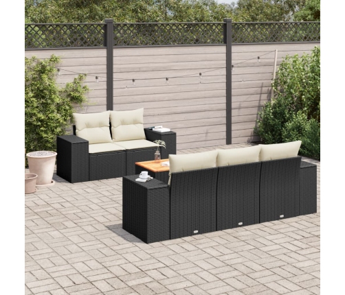 Set de sofás de jardín 6 piezas y cojines ratán sintético negro