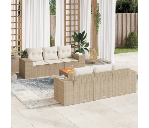 Set sofás de jardín 7 piezas y cojines ratán sintético beige