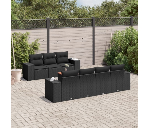 Set de sofás de jardín 8 piezas y cojines ratán sintético negro