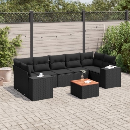 Set de sofás de jardín 8 piezas y cojines ratán sintético negro