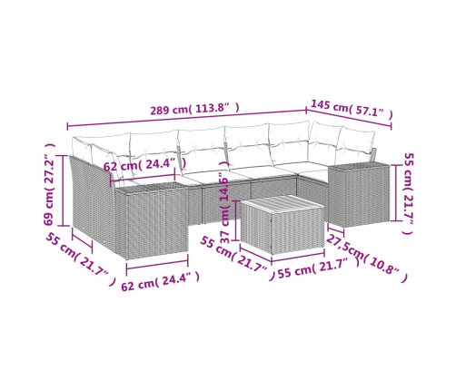 Set de sofás de jardín 8 pzas y cojines ratán sintético gris