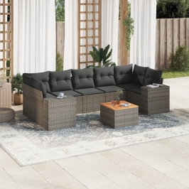 Set de sofás de jardín 8 pzas y cojines ratán sintético gris