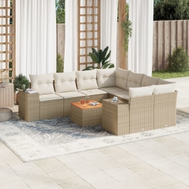 Set de sofás de jardín 9 pzas con cojines ratán sintético beige