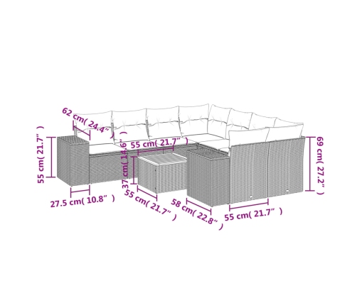 Set de muebles de jardín 9 pzas y cojines ratán sintético gris