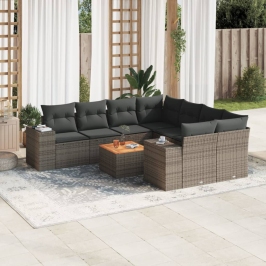 Set de muebles de jardín 9 pzas y cojines ratán sintético gris