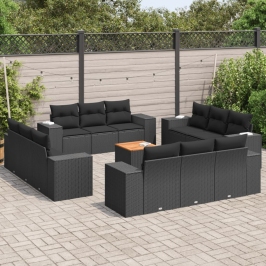 Set de sofás de jardín y cojines 13 pzas ratán sintético negro