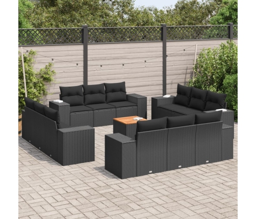 Set de sofás de jardín y cojines 13 pzas ratán sintético negro