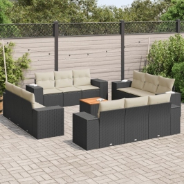 Set de sofás de jardín y cojines 13 pzas ratán sintético negro