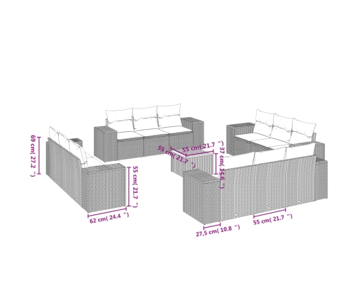 Set sofás de jardín con cojines 13 piezas ratán sintético gris