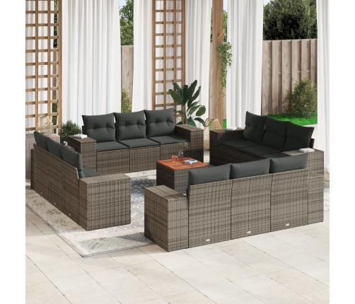 Set sofás de jardín con cojines 13 piezas ratán sintético gris