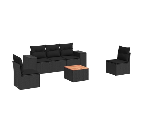 Set de sofás de jardín 6 piezas y cojines ratán sintético negro