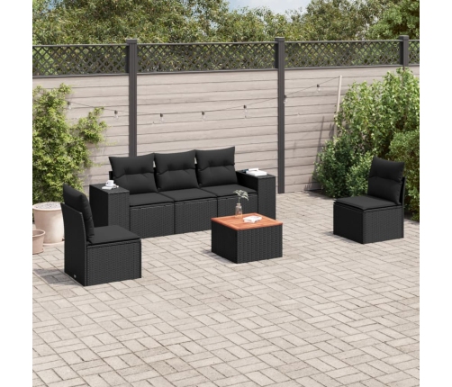Set de sofás de jardín 6 piezas y cojines ratán sintético negro