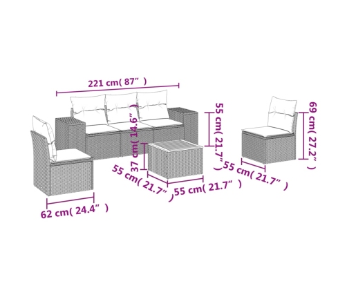Set de muebles de jardín 6 pzas y cojines ratán sintético gris