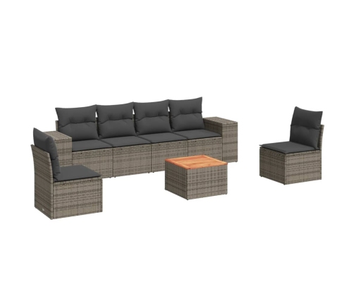 Set de sofás de jardín 7 piezas con cojines ratán PE gris