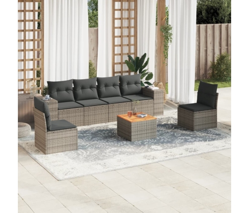 Set de sofás de jardín 7 piezas con cojines ratán PE gris