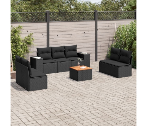 Set de sofás de jardín 8 piezas y cojines ratán sintético negro