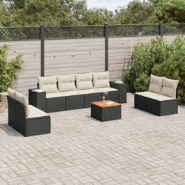Set de sofás de jardín 8 piezas y cojines ratán sintético negro