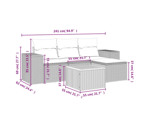 Set de muebles de jardín 5 pzas y cojines ratán sintético negro