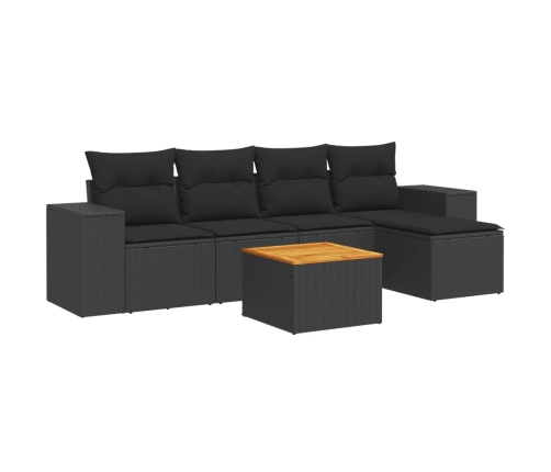 Set de sofás de jardín 6 piezas y cojines ratán sintético negro