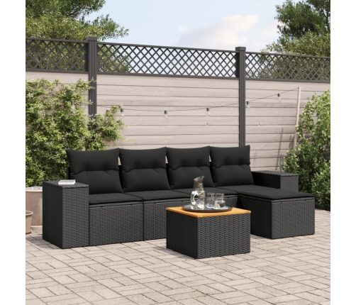 Set de sofás de jardín 6 piezas y cojines ratán sintético negro
