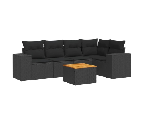 Set de sofás de jardín 6 piezas y cojines ratán sintético negro