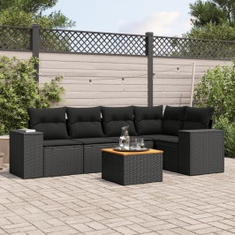Set de sofás de jardín 6 piezas y cojines ratán sintético negro