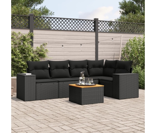 Set de sofás de jardín 6 piezas y cojines ratán sintético negro