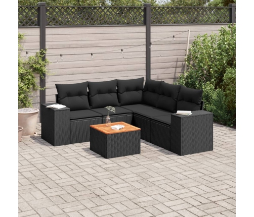 Set de sofás de jardín 6 piezas y cojines ratán sintético negro