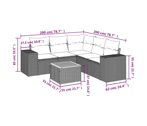 Set de muebles de jardín 6 pzas y cojines ratán sintético gris