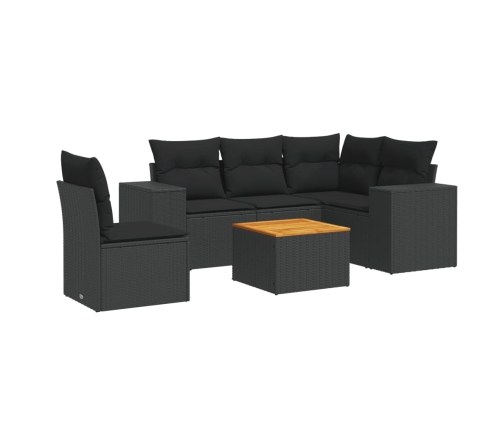Set de sofás de jardín 6 piezas y cojines ratán sintético negro