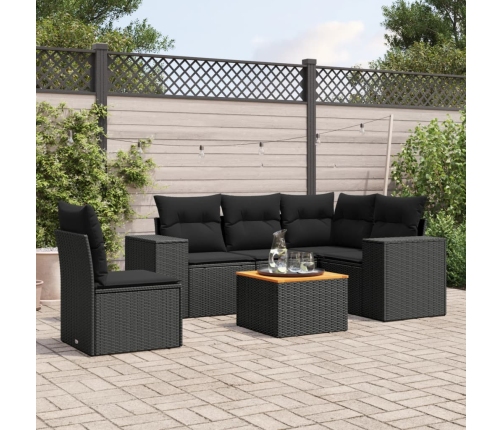 Set de sofás de jardín 6 piezas y cojines ratán sintético negro