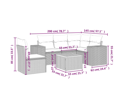 Set de muebles de jardín 6 pzas y cojines ratán sintético gris