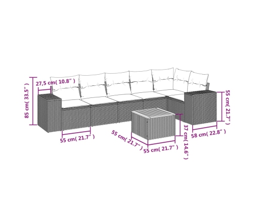Set de comedor de jardín 7 pzas y cojines ratán sintético negro