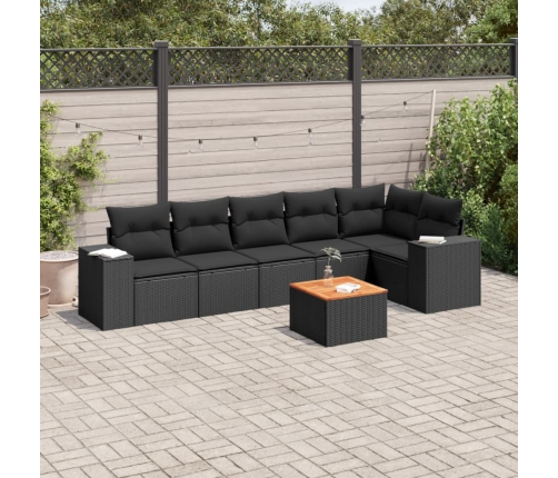 Set de comedor de jardín 7 pzas y cojines ratán sintético negro
