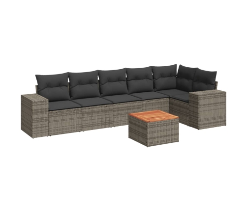 Set de sofás de jardín 7 piezas con cojines ratán PE gris