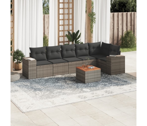 Set de sofás de jardín 7 piezas con cojines ratán PE gris