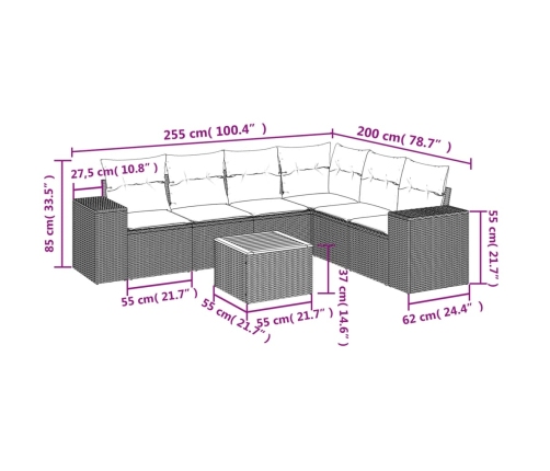 Set de sofás de jardín 7 piezas con cojines ratán PE gris