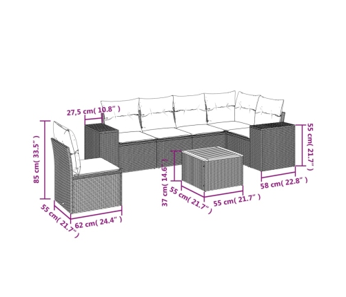 Set sofás de jardín 7 piezas y cojines ratán sintético beige