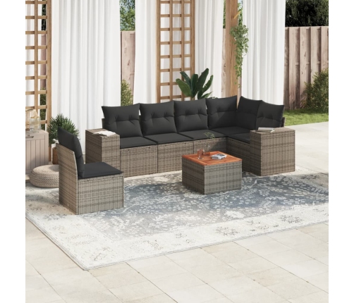 Set de sofás de jardín 7 piezas con cojines ratán PE gris