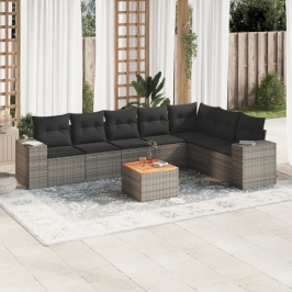 Set de sofás de jardín 8 pzas y cojines ratán sintético gris