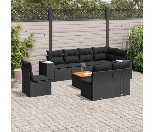 Set de sofás de jardín 8 piezas y cojines ratán sintético negro