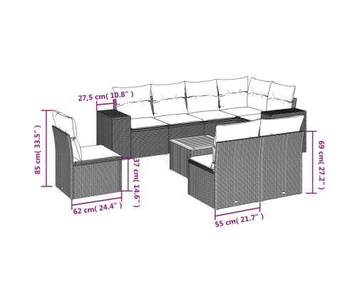 Set de sofás de jardín 9 pzas con cojines ratán sintético beige